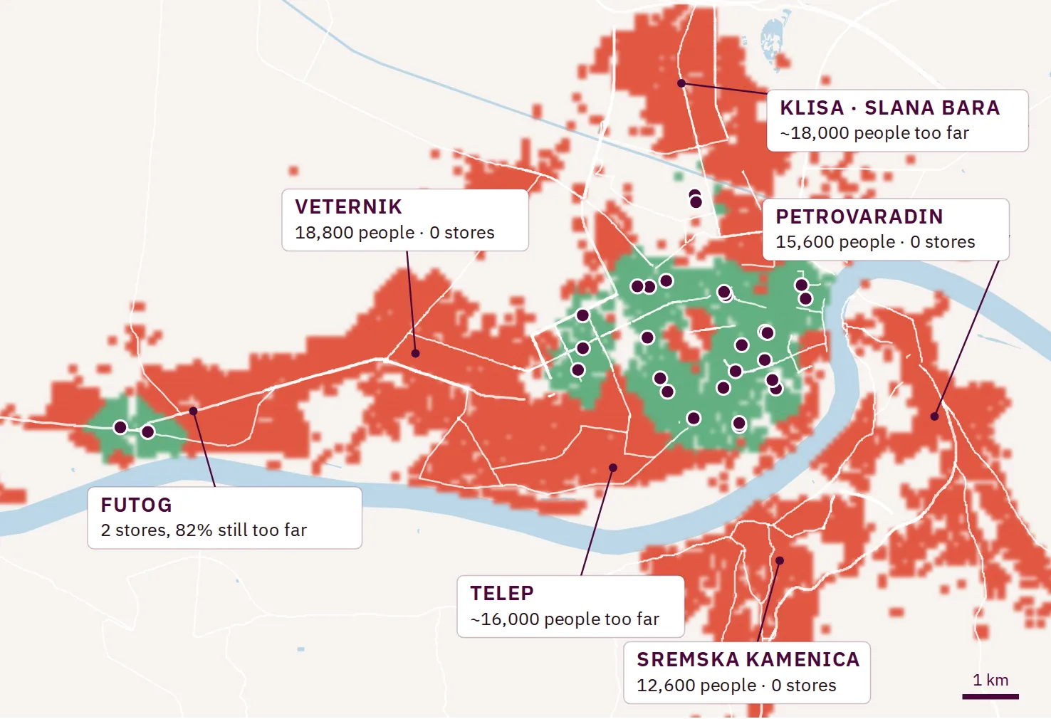 Walking time to the nearest drugstore, Novi Sad. Map data © OpenStreetMap contributors.