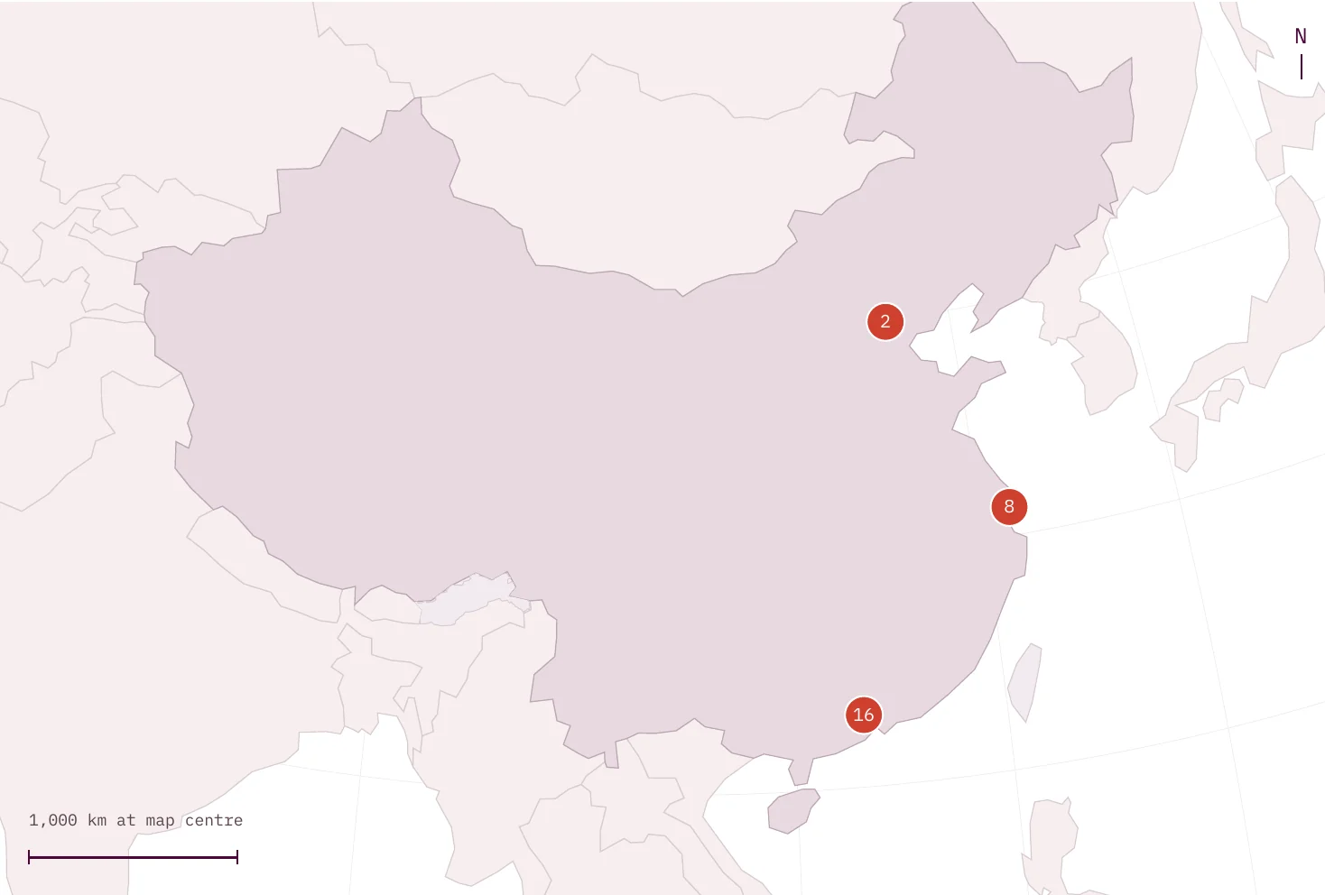 Map of China with three numbered markers: Greater Beijing (#2), Shanghai (#8) and Guangdong (#16).