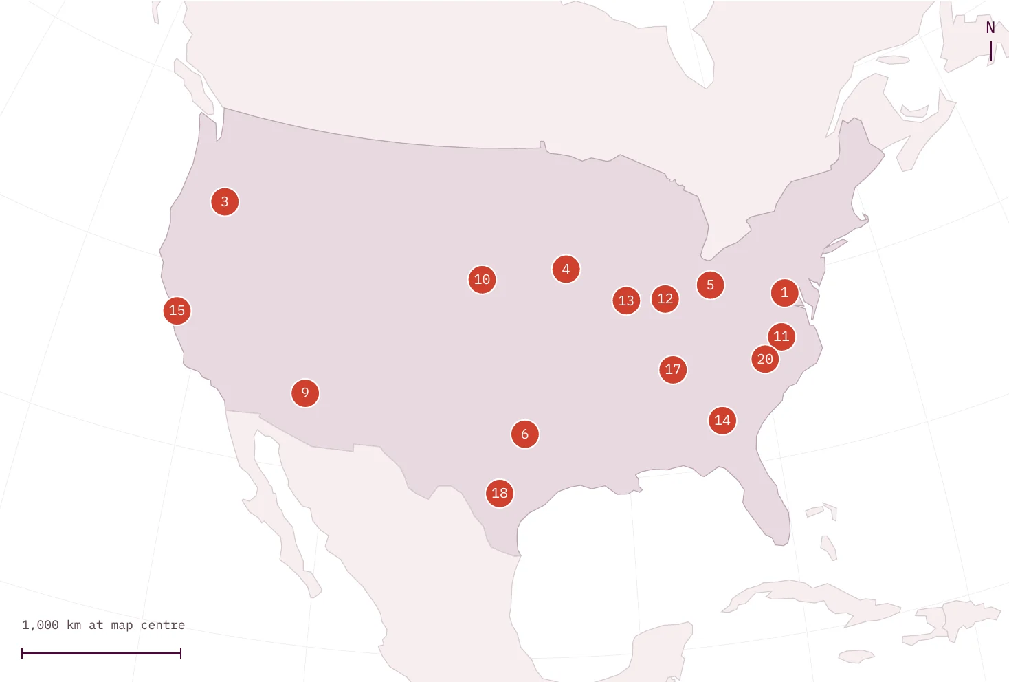 Map of the United States with 15 numbered markers for the country's hubs in the global top 20, from Northern Virginia (#1) and Oregon (#3) to North Carolina (#20).